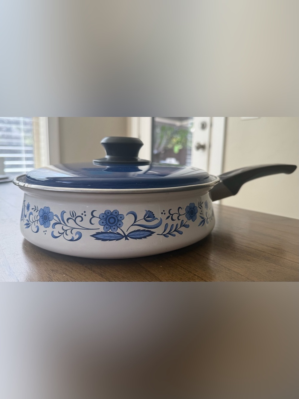 Vintage Blue Onion Enamel Frying Sauce Pan and Lid 1970s